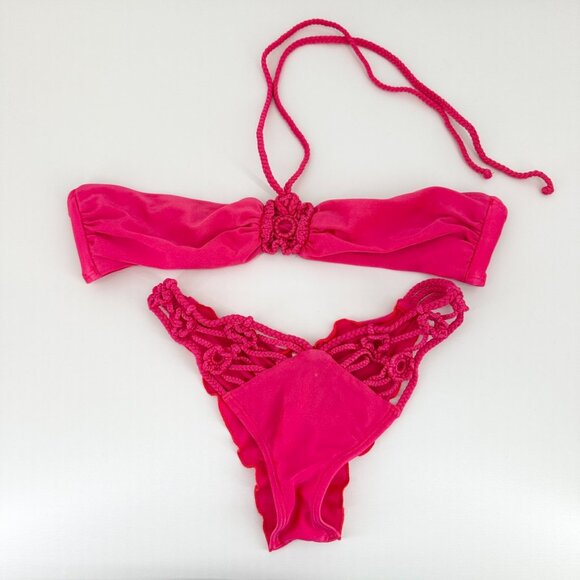 Luli Fama Swimsuit Womens Small Pink Bikini Bandeau Solid Halter Two Piece - Picture 2 of 12